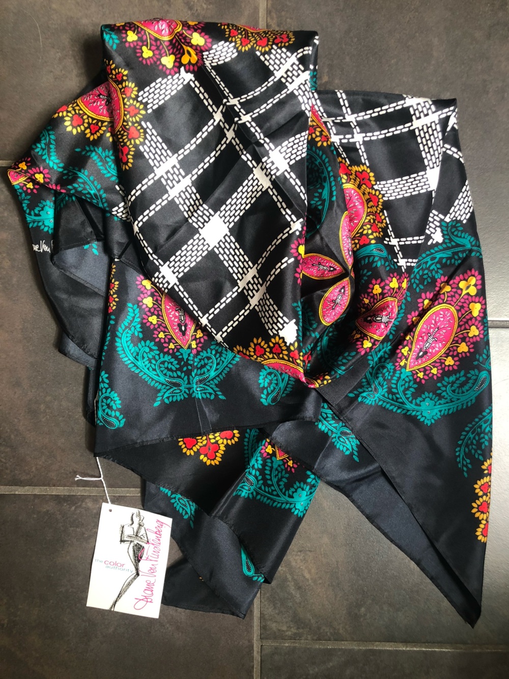 Diane Von Furstenberg Black Scarf with Teal & Pink Paisley Designs - Picture 4 of 5